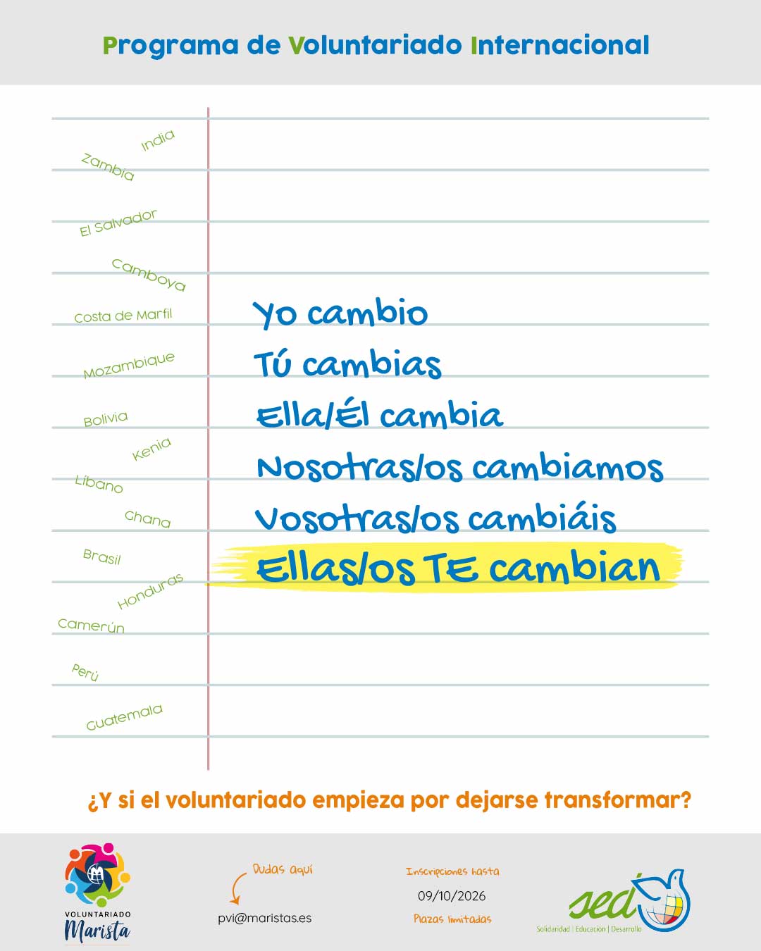 Imagen del cartel del Programa de Voluntariado Internacional (PVI) Rosey 2027 de las tres provincias maristas (Compostela, Ibérica y Mediterránea) y la ONGD SED